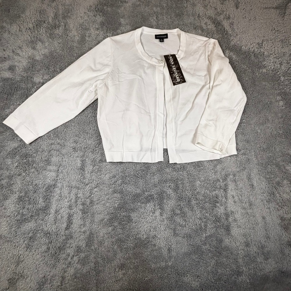 Nina Leonard White Cardigan Sweater XL Pearl Button 3/4 Sleeve Cropped Knit